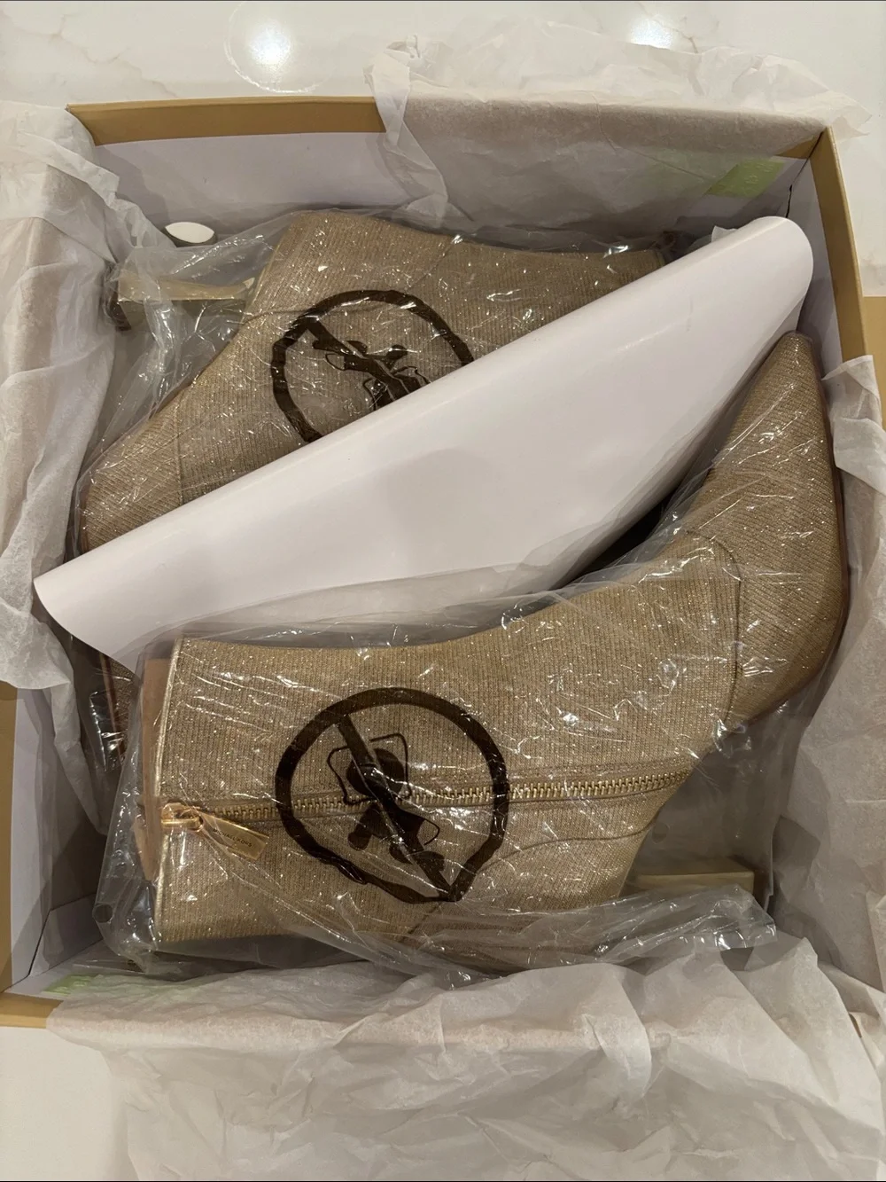 Michael Kors Camel Glitter Pointed-Toe Ankle Booties with Gold Heel